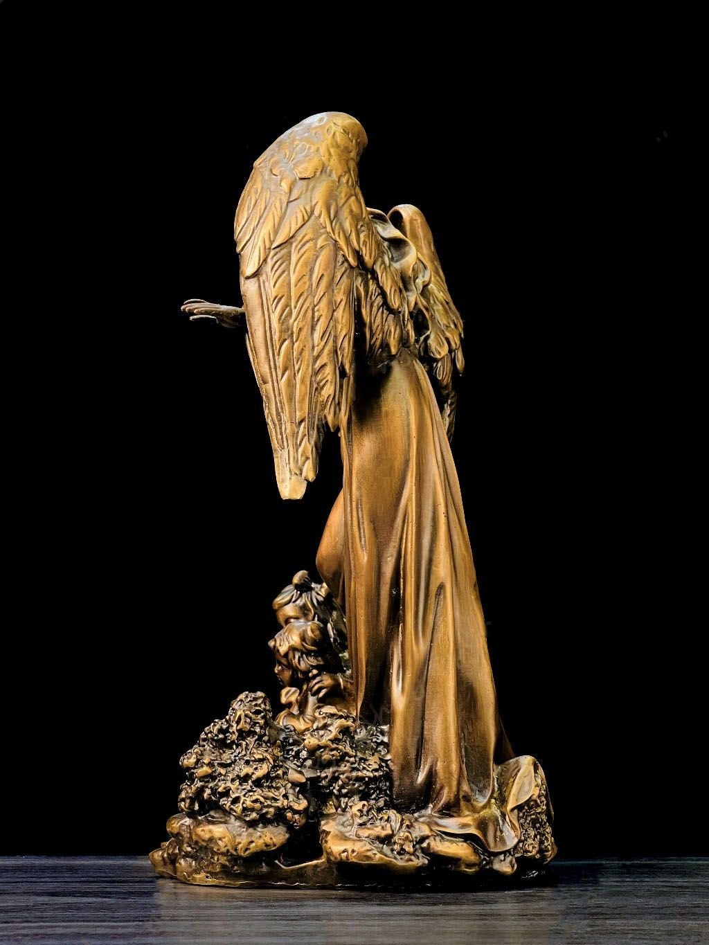 Guardian Angel Brass Statue, Made of Pure Brass with Brown Patina, Religious Home Decor