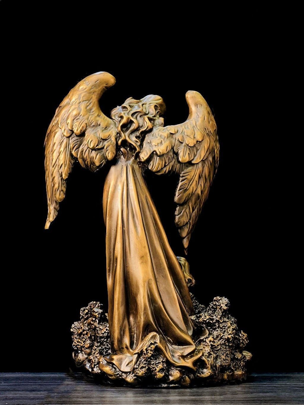 Guardian Angel Brass Statue, Made of Pure Brass with Brown Patina, Religious Home Decor