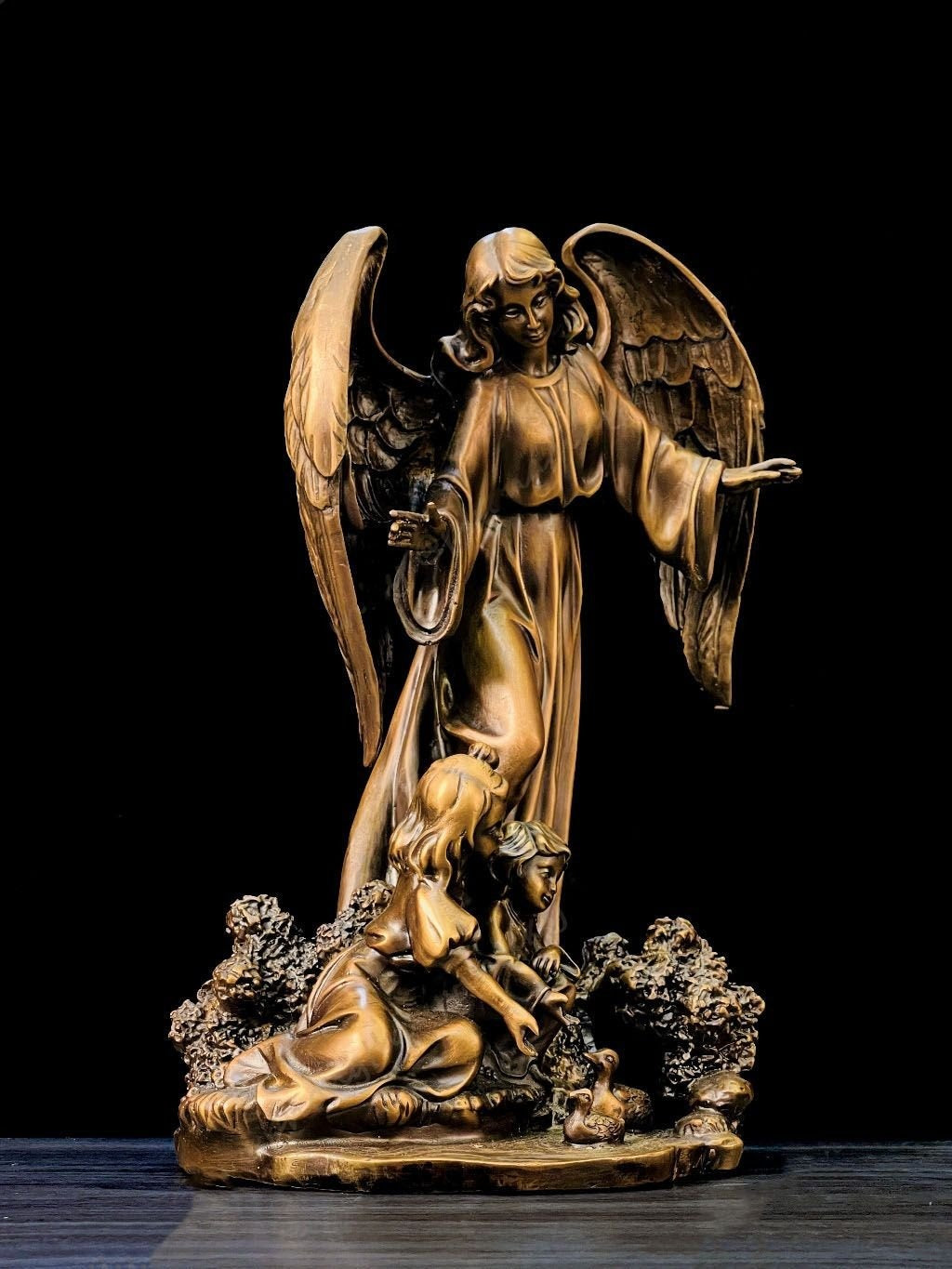 Guardian Angel Brass Statue, Made of Pure Brass with Brown Patina, Religious Home Decor