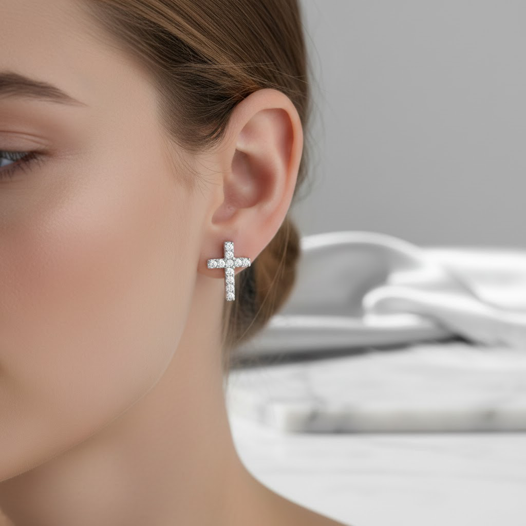 Catholic-Inspired Silver Cross Earrings, Sparkling Pave Diamond Style, Religious Jewelry Gift