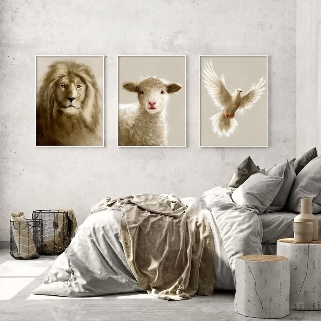 Set of 3 Symbols of Faith and Strength: Lion, Lamb, and Dove Inspirational Art Prints for Spiritual Decor PTLAF011