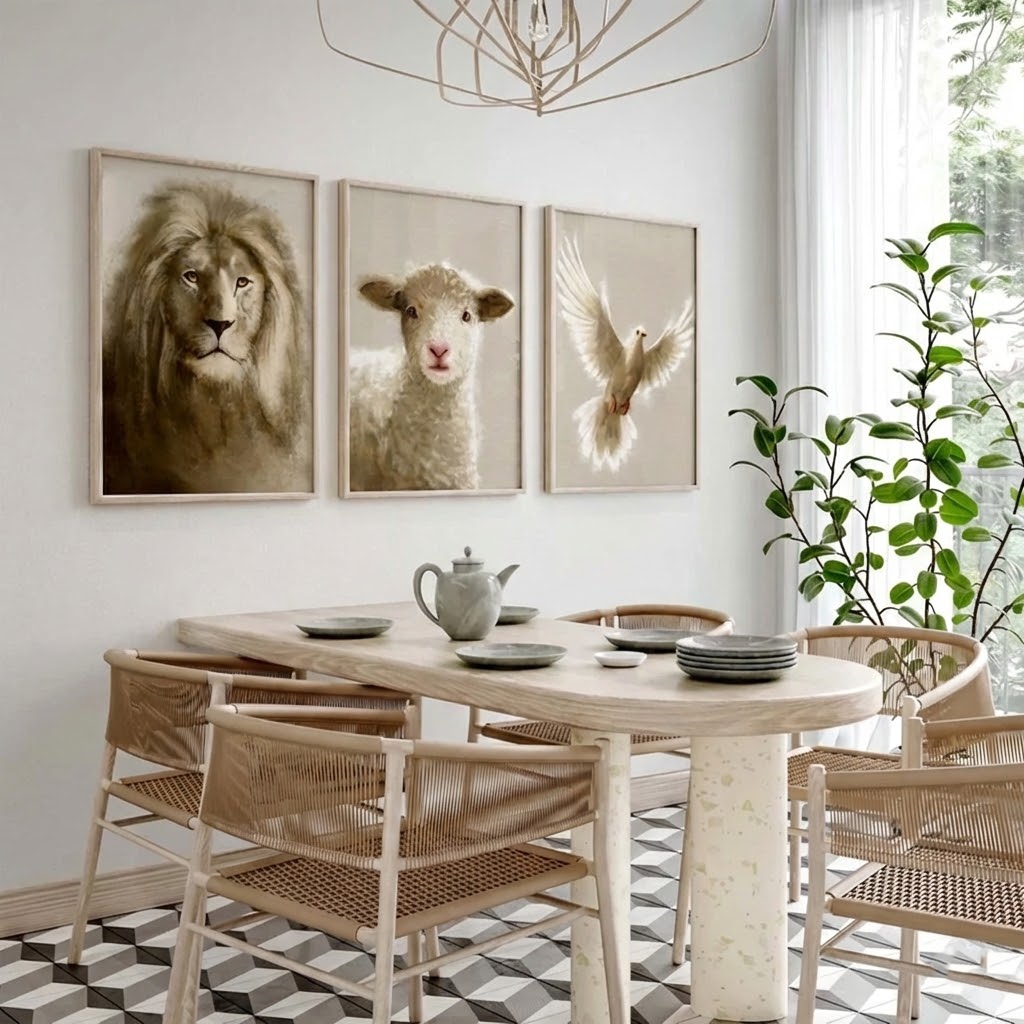 Set of 3 Symbols of Faith and Strength: Lion, Lamb, and Dove Inspirational Art Prints for Spiritual Decor PTLAF011