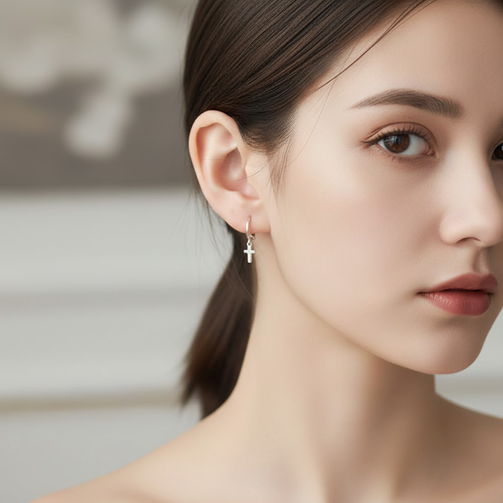 Minimalist Silver Cross Hoop Earrings – Simple, Elegant Religious Jewelry