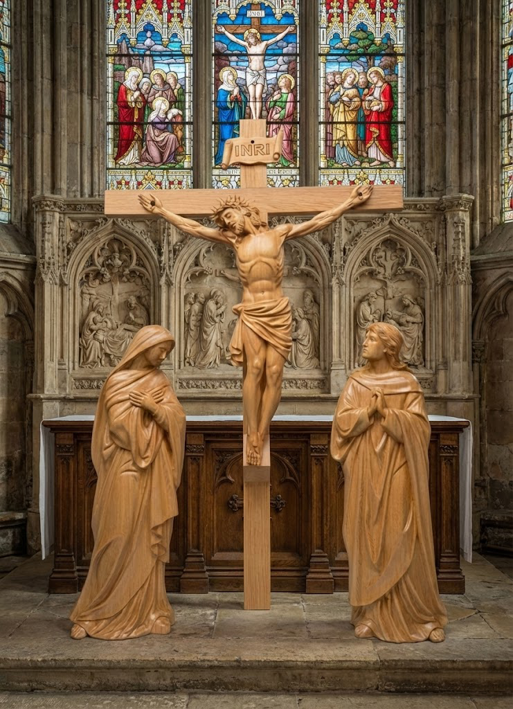Wooden Crucifixion Statue Set, Jesus on the Cross with Virgin Mary and