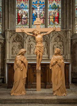 Wooden Crucifixion Statue Set, Jesus on the Cross with Virgin Mary and