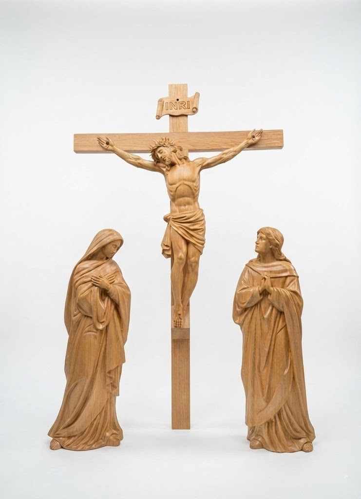 Wooden Crucifixion Statue Set, Jesus on the Cross with Virgin Mary and Saint John, Handmade Catholic Religious Sculpture Home Altar Decor
