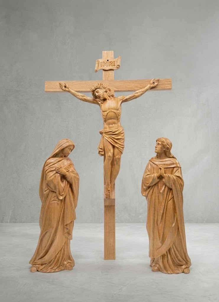 Wooden Crucifixion Statue Set, Jesus on the Cross with Virgin Mary and