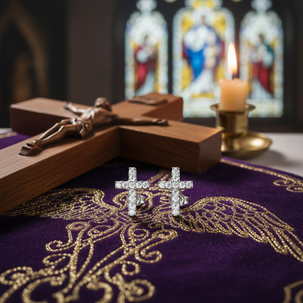 Catholic-Inspired Silver Cross Earrings, Sparkling Pave Diamond Style, Religious Jewelry Gift