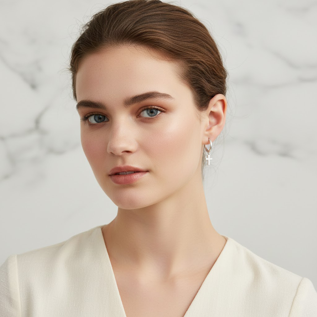 Silver Hoop Earrings with Cross Charm, Simple and Elegant Catholic-Inspired Jewelry