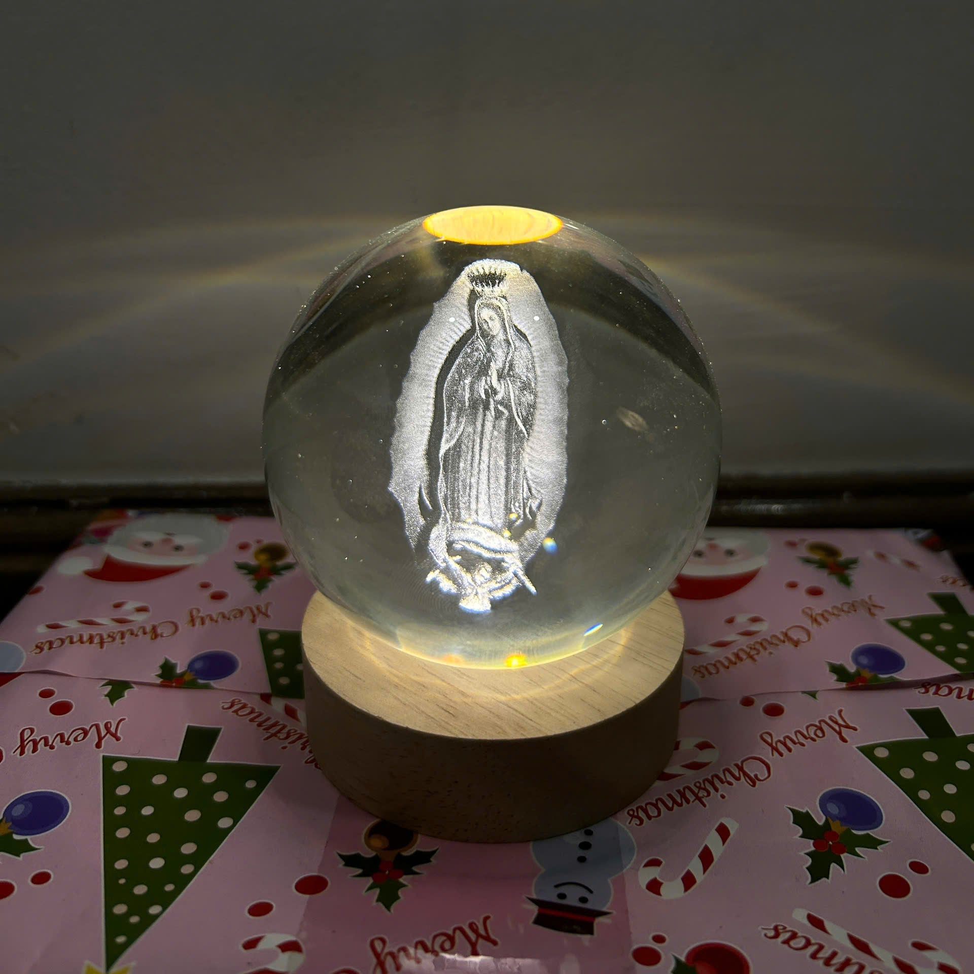 Mother Mary bless Crystal Sphere with LED Base, Gift Crystal Sphere for Christian, Jesus Crystal Sphere