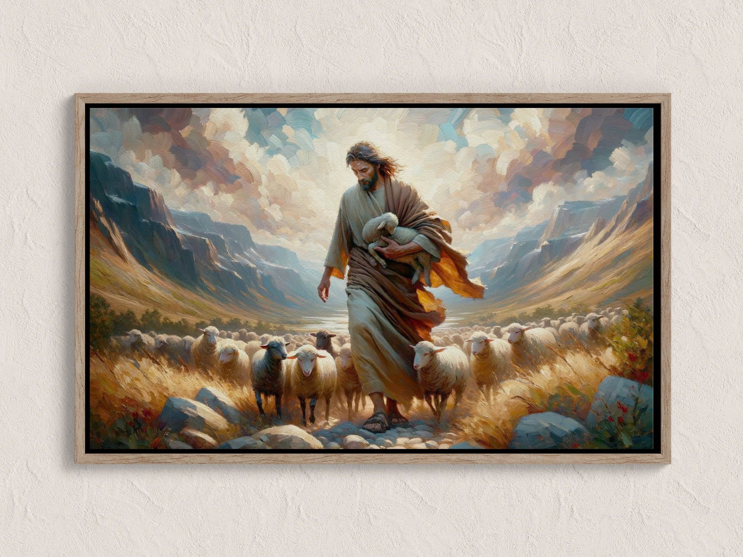 Jesus and Lost Sheep Poster, Framed Oil Paint Poster, Religious Decor, Christian Wall Art, Poster Gift, Inspirational Home Decor