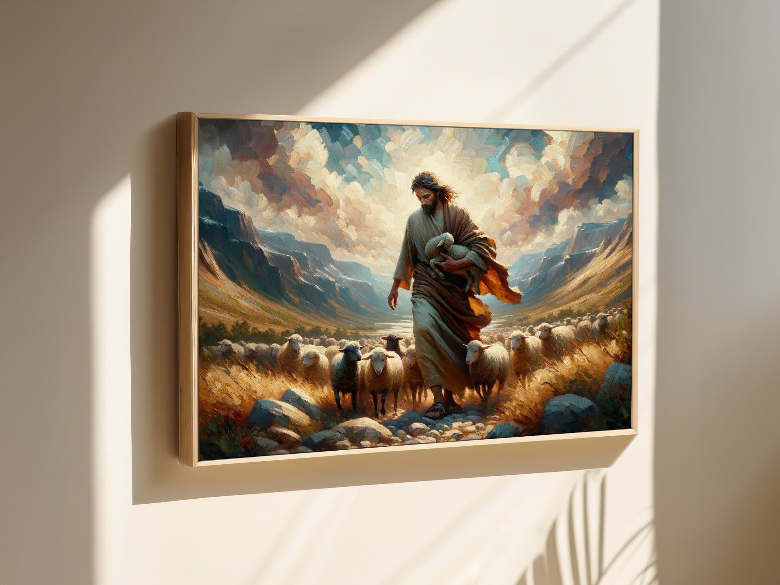 Jesus and Lost Sheep Poster, Framed Oil Paint Poster, Religious Decor, Christian Wall Art, Poster Gift, Inspirational Home Decor