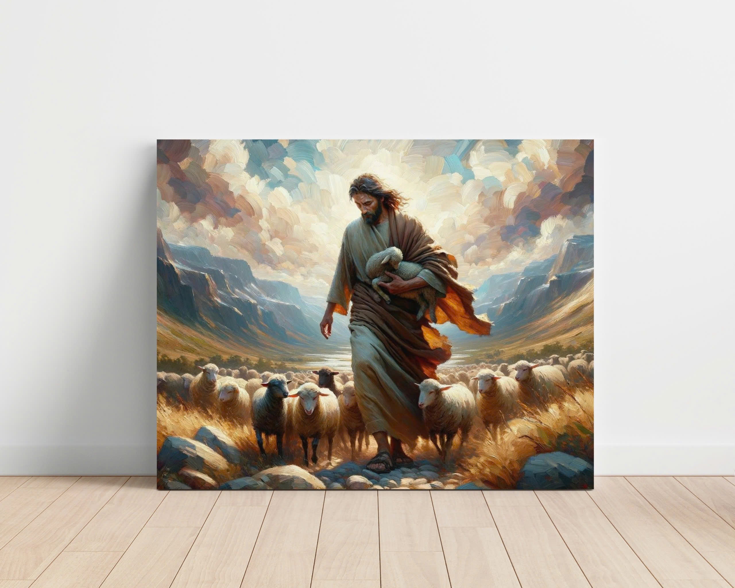 Jesus and Lost Sheep Poster, Framed Oil Paint Poster, Religious Decor, Christian Wall Art, Poster Gift, Inspirational Home Decor
