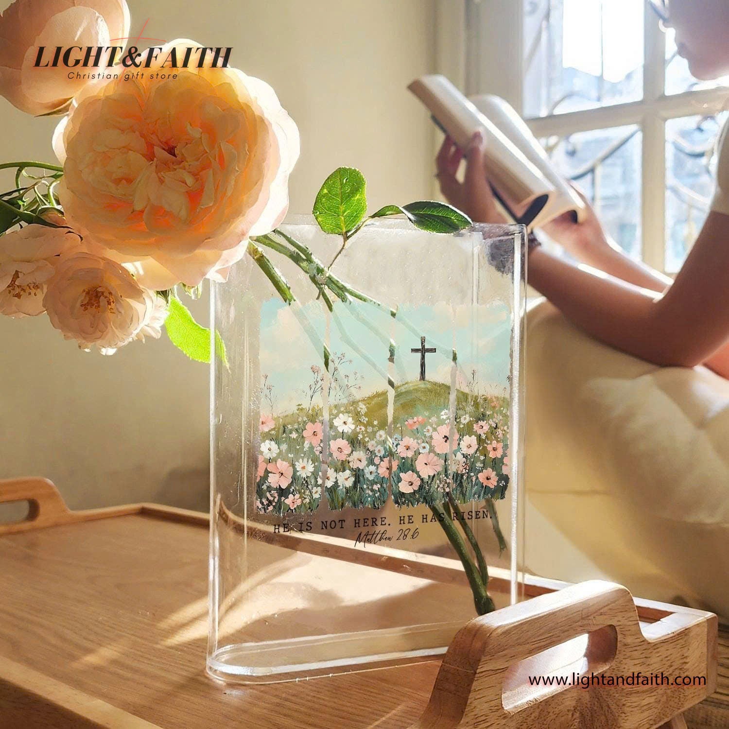 He Has Risen Book Vase, Matthew 286 Christian Acrylic Book Vase, Bible Verse Decor, Easter Book Vase, Floral Cross Design, Book Shaped Vase