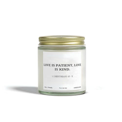 Bible Verse Candle, 1 Corinthians 13:4 Love is Patient Love is Kind, Christian Gift for Her Wedding Candle Eco-Friendly Scripture Decor CDLAF15