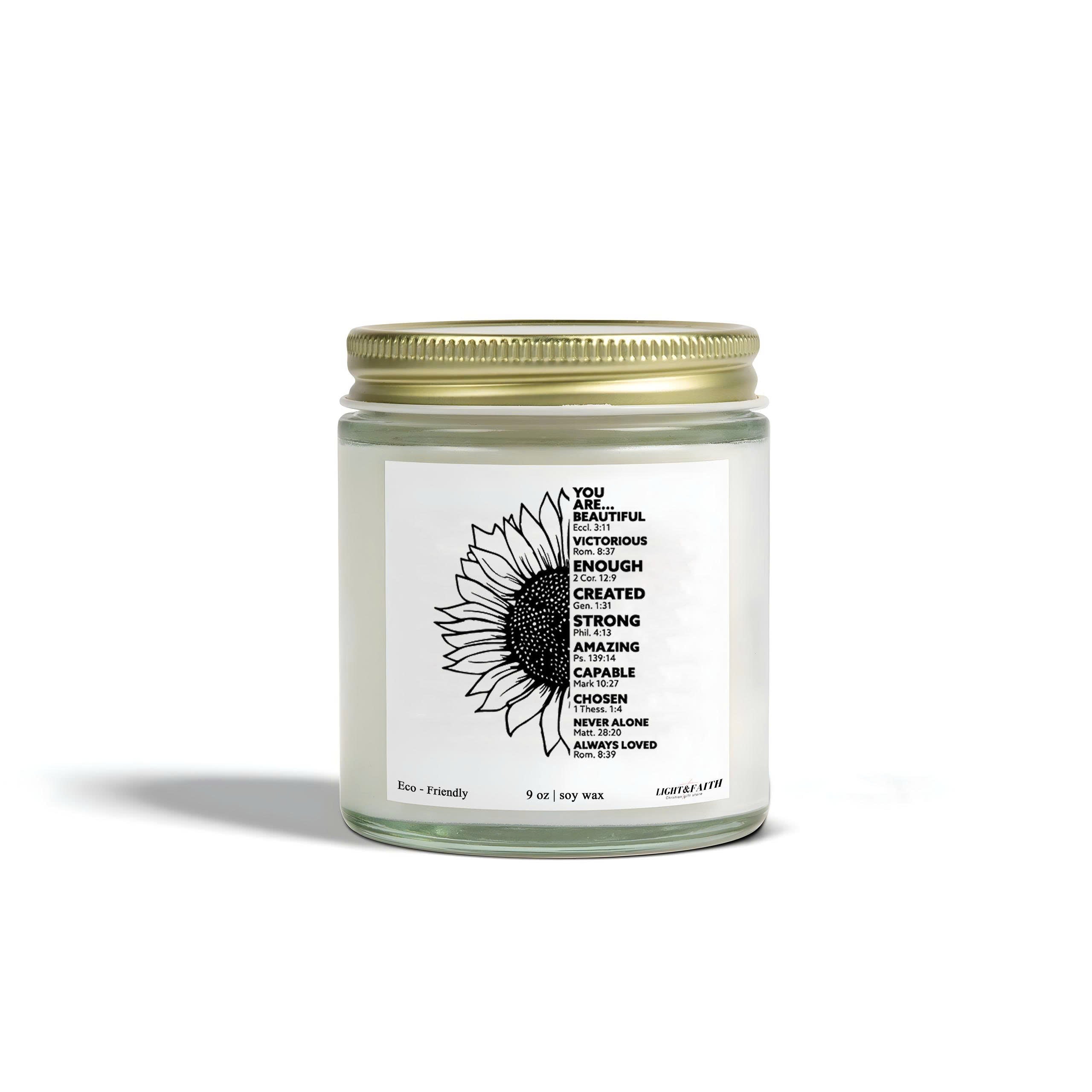 You Are Beautiful Christian Candle, Inspirational Bible Verses, Sunflower Design, Uplifting Gift for Women, Faith-Based Candle CDLAF21