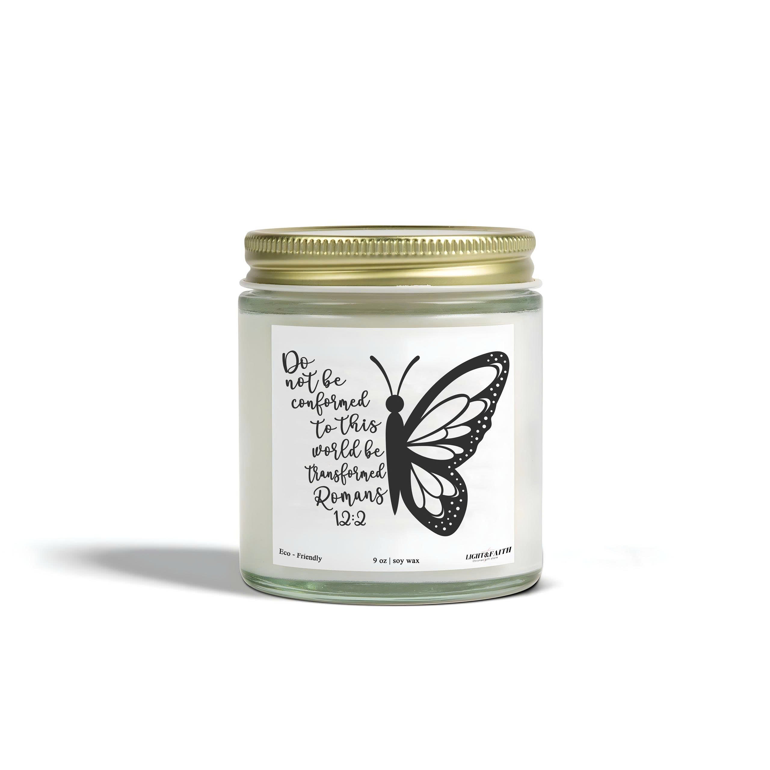 Romans 12:2 Christian Candle, Do Not Be Conformed, Inspirational Bible Verse, Butterfly Design, Uplifting Gift for Spiritual Growth CDLAF23