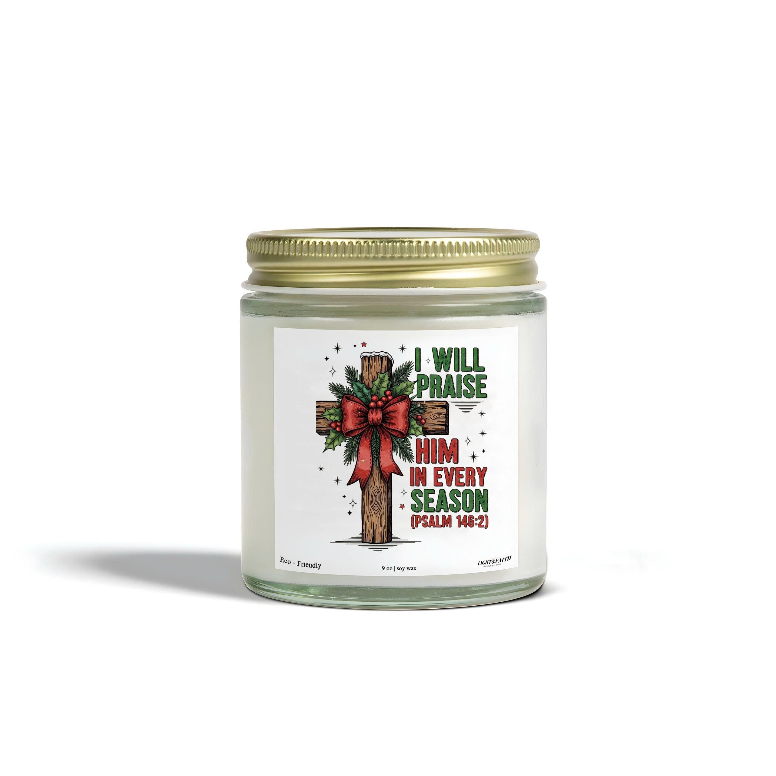 I Will Praise Him Christian Candle, Psalm 146:2, Inspirational Bible Verse, Christmas Cross Design, Uplifting Gift for Every Season CDLAF27