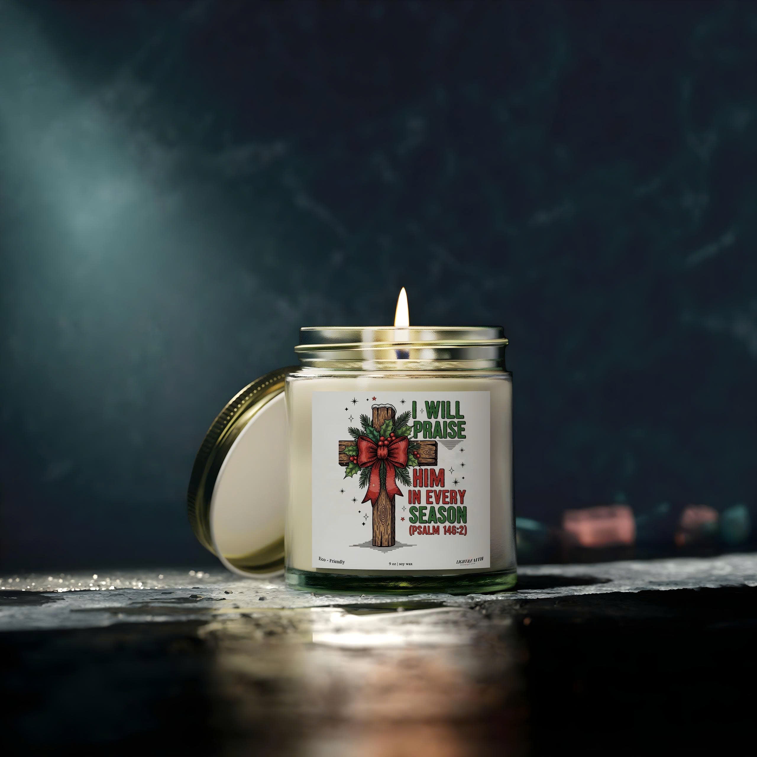 I Will Praise Him Christian Candle, Psalm 146:2, Inspirational Bible Verse, Christmas Cross Design, Uplifting Gift for Every Season CDLAF27