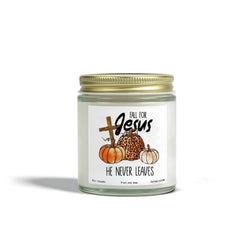 Fall for Jesus Candle, Inspirational Christian Candle, He Never Leaves, Autumn Pumpkin Design, Uplifting Gift for Fall CDLAF32