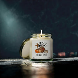 Fall for Jesus Candle, Inspirational Christian Candle, He Never Leaves, Autumn Pumpkin Design, Uplifting Gift for Fall CDLAF32